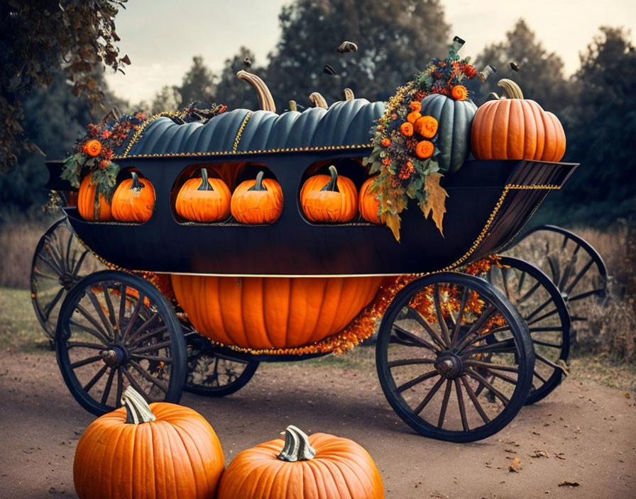 Vintage Carriage Decorated with Autumnal Pumpkins and Squash Outdoors