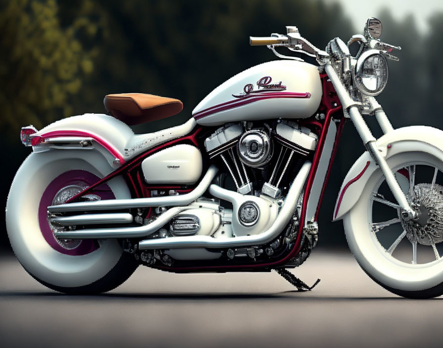 Vintage-style motorcycle in white and red with chrome details and large white-walled tires.