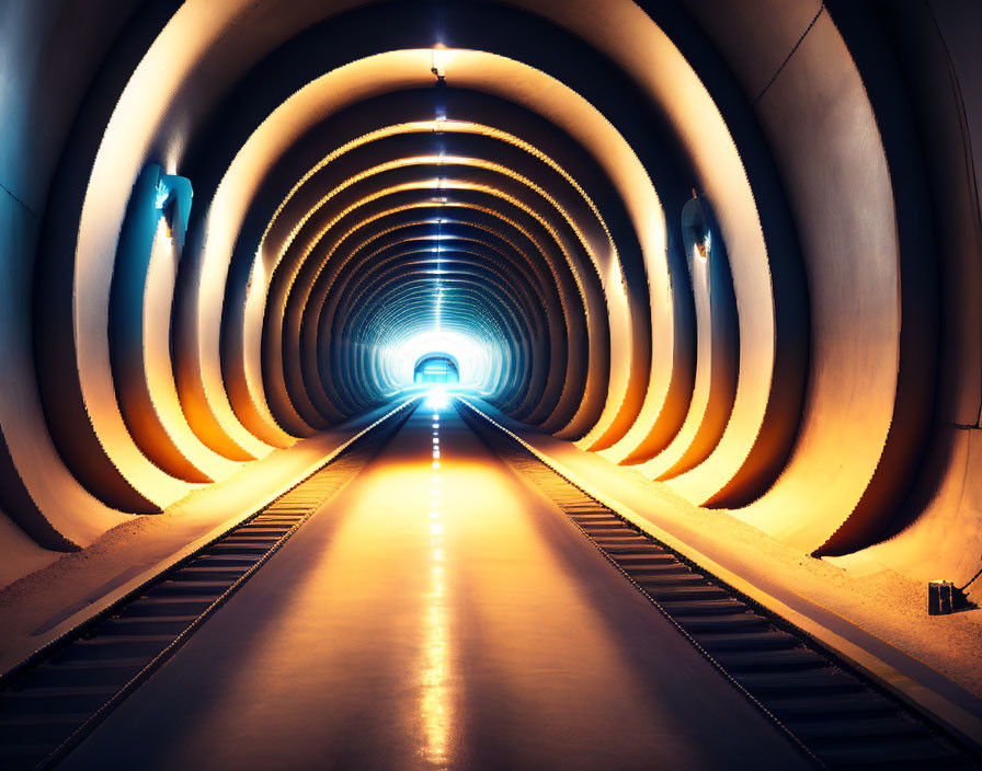 Circular Design Tunnel with Warm Illumination & Railway Tracks