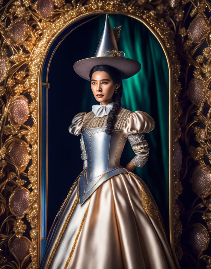 Vintage-inspired woman in elegant costume with wide-brimmed hat before ornate mirror