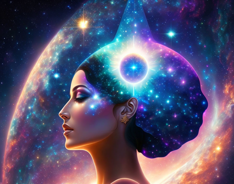 Woman's Profile Blended with Cosmic Imagery: Stars, Nebulas, Celestial Bodies