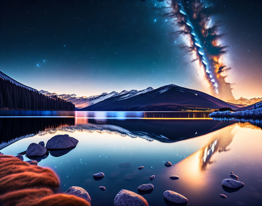 Serene landscape with starry sky and Milky Way reflected in mountain lake