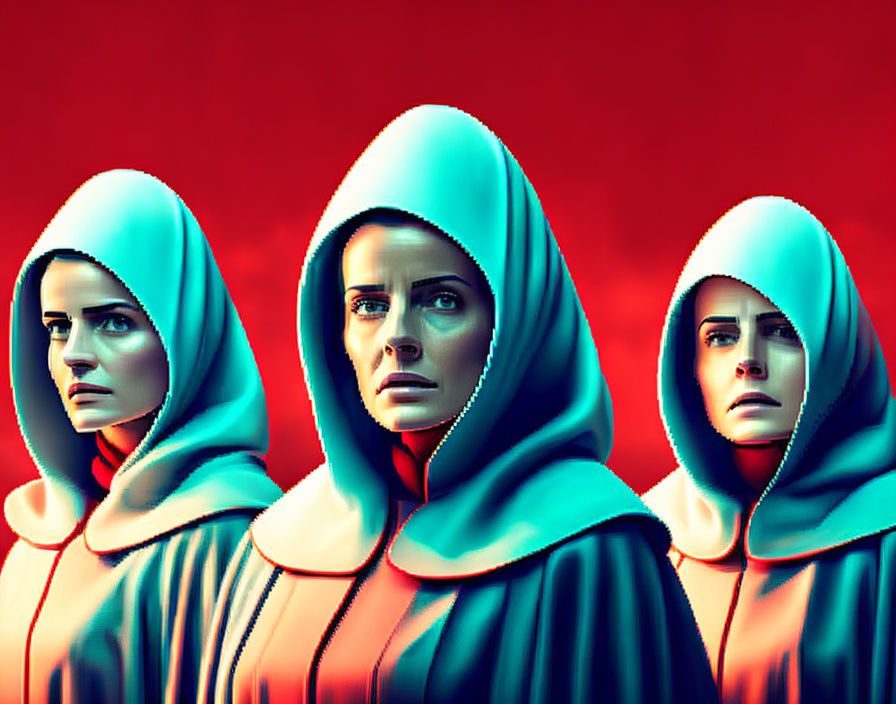 Illustrated women in teal cloaks on red background