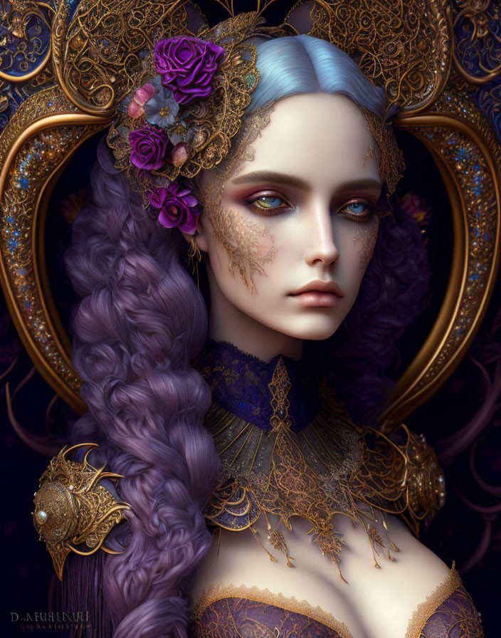 Detailed Illustration of Woman with Blue Hair and Gold Headpiece