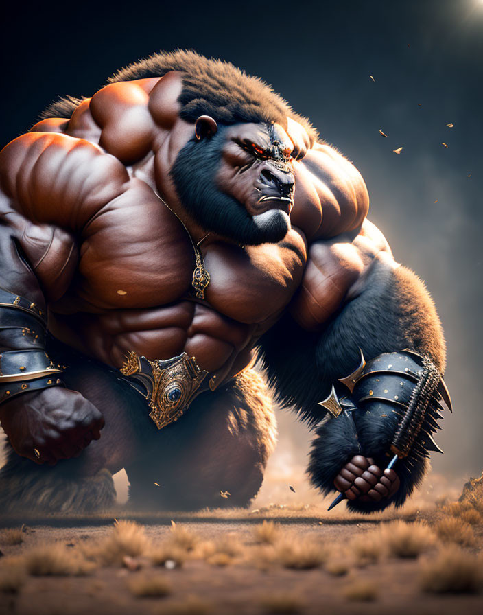 Muscular gorilla in armor with aggressive expression amidst dust.