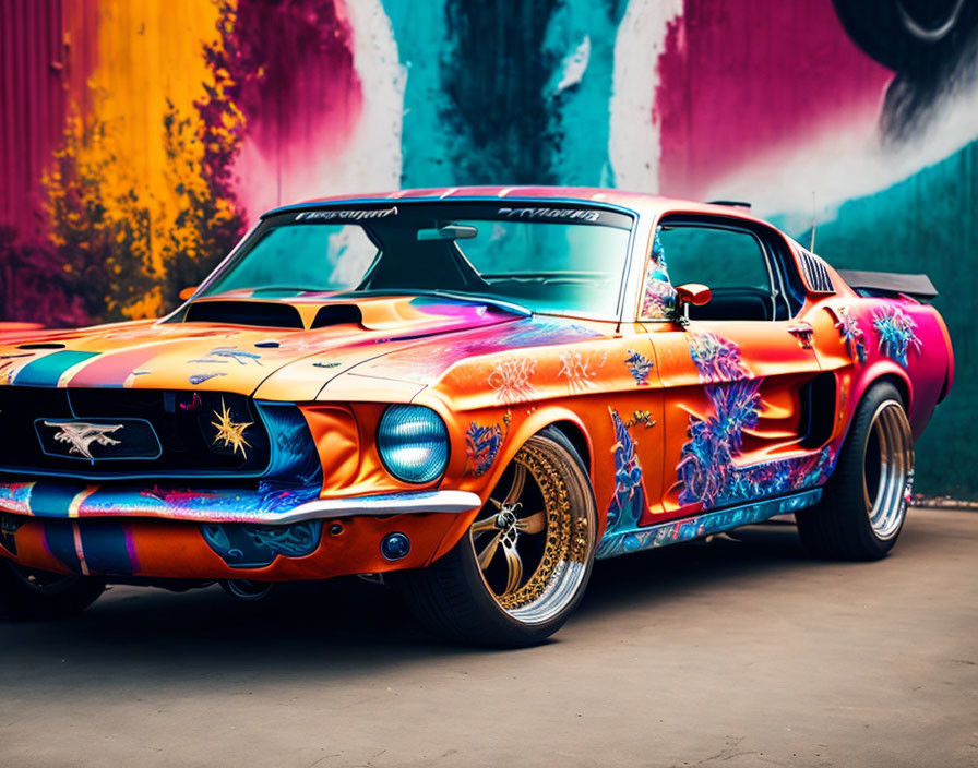 Colorful Abstract Design Classic Mustang Parked by Graffiti Wall