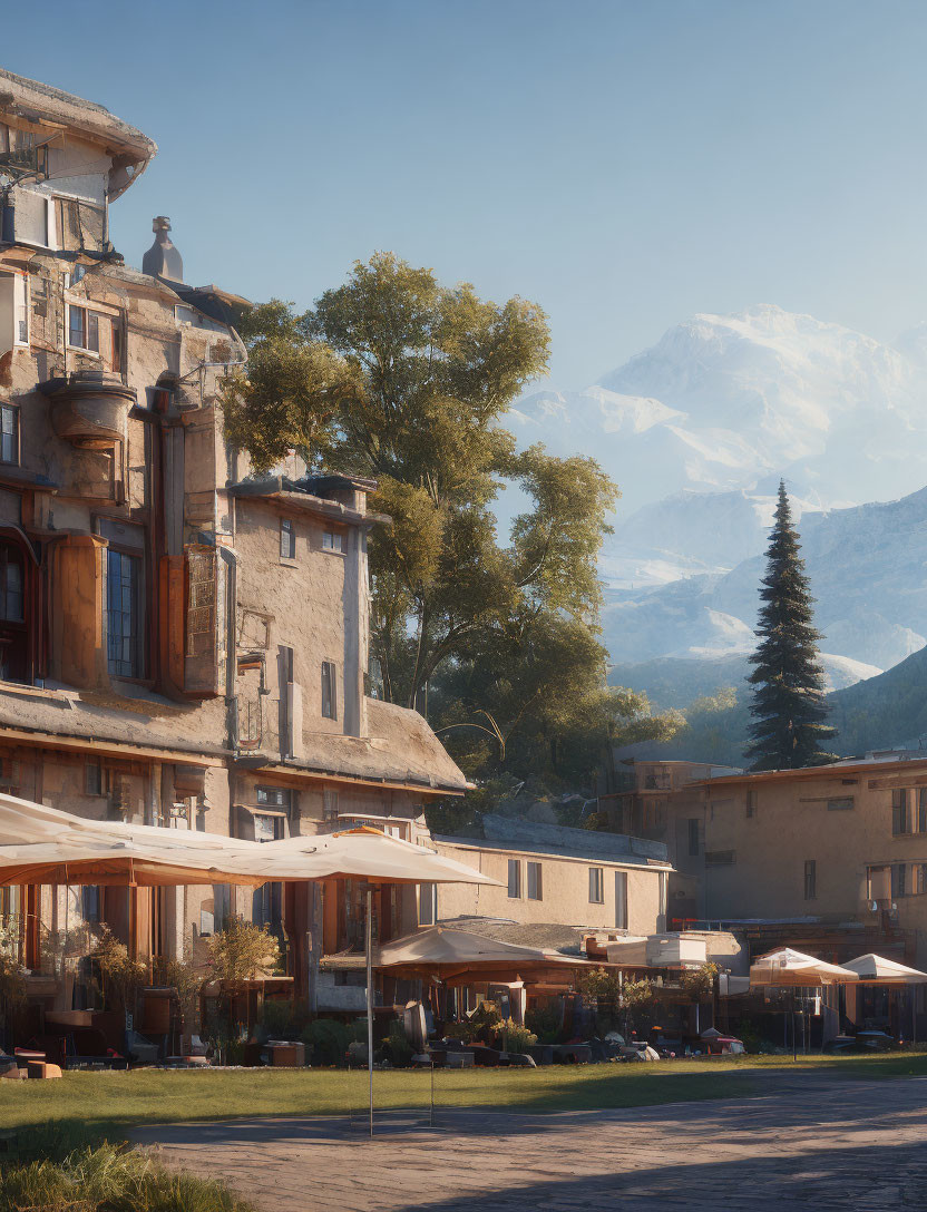 Scenic village with rustic buildings and terrace cafe nestled by snow-capped mountains