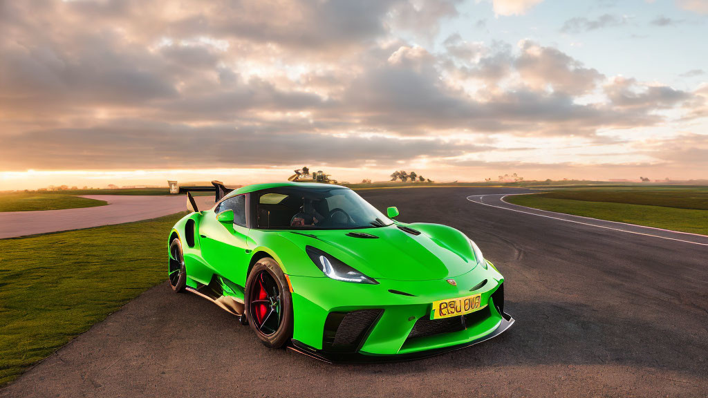 Vivid green sports car on racetrack under sunrise with cloudy skies