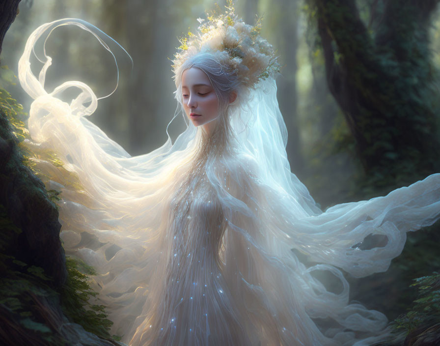 Ethereal figure in glowing crown and flowing gown in mystical forest