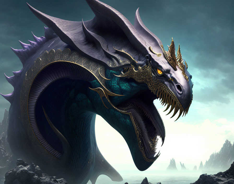 Blue dragon with golden accents against moody sky symbolizes power.