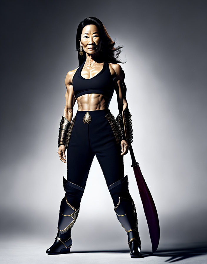 Muscular woman in warrior attire with sword on gray background