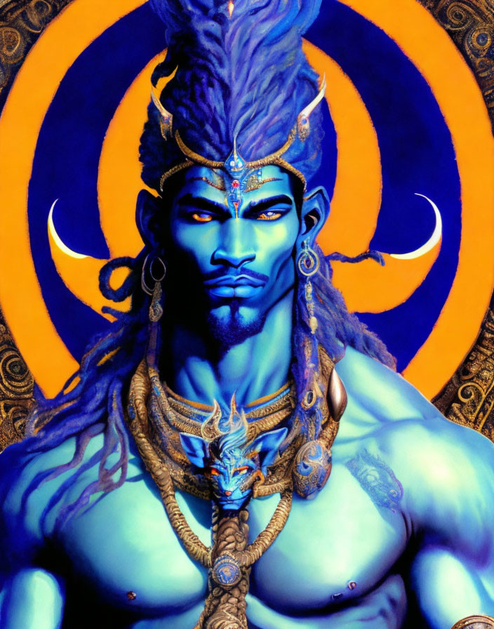 Blue-skinned male figure with third eye and moon crescent, adorned in traditional jewelry, against blue