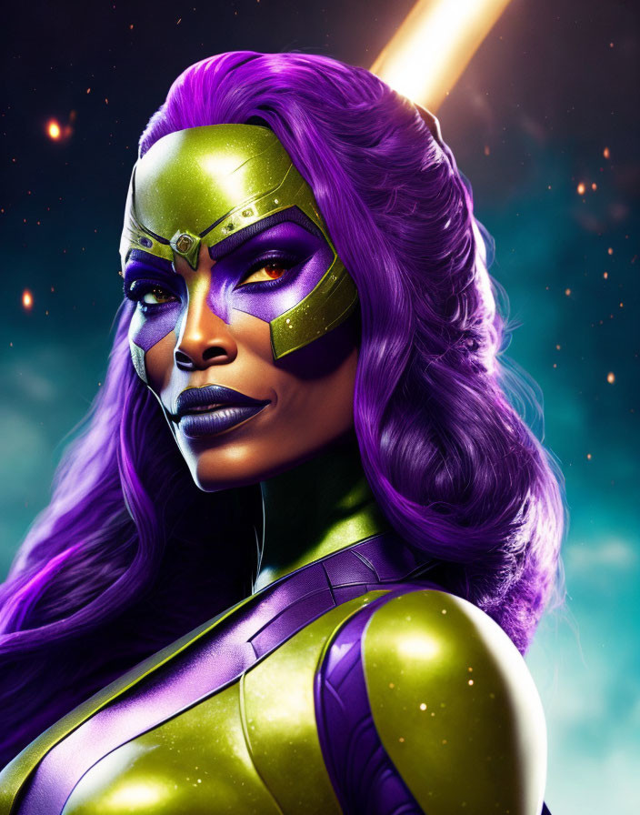 Purple-skinned female superhero with golden tiara in cosmic setting