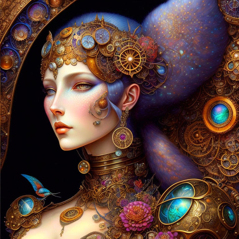 Fantastical portrait of woman with cosmic and steampunk elements