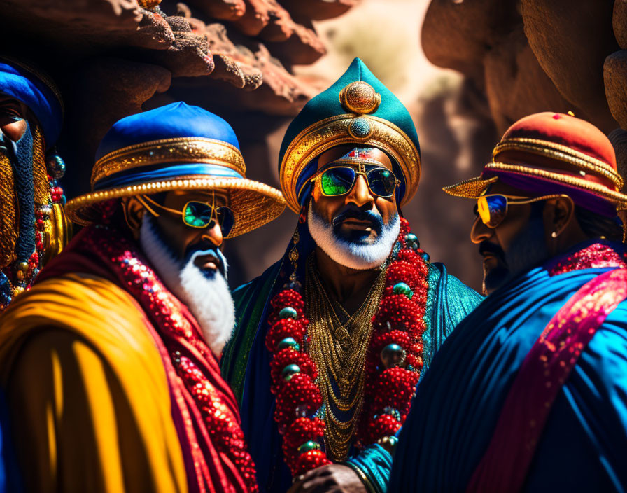 Three individuals in vibrant traditional Indian attire with turbans and sunglasses, posing under natural light