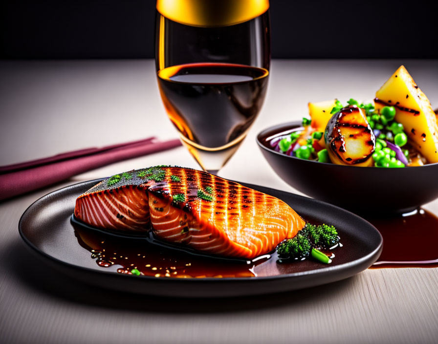 Grilled Salmon Fillet with Glaze and Mango Salad on Elegant Table Setting