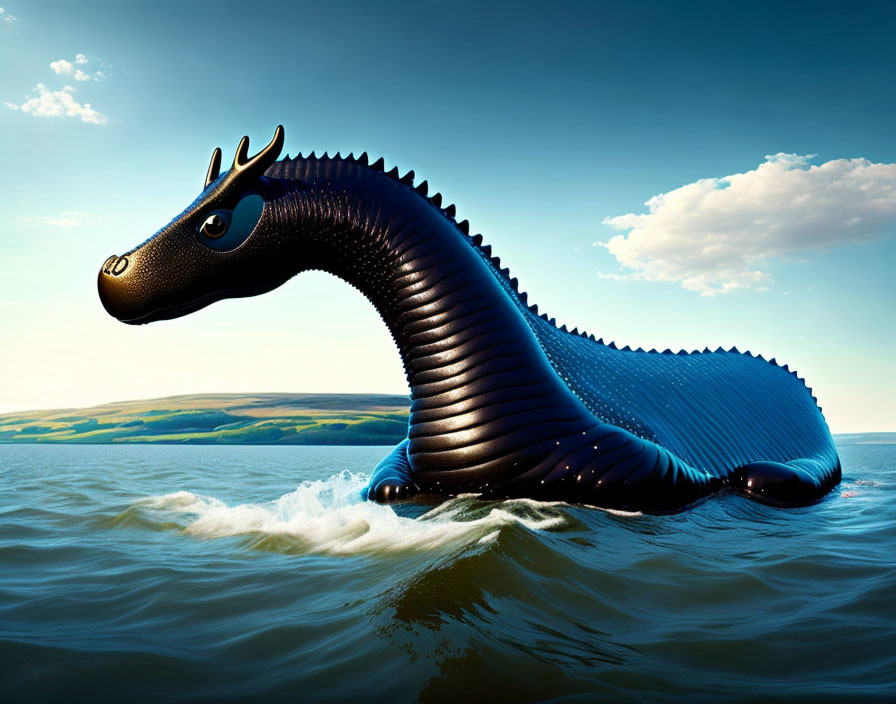 Blue-scaled sea serpent with long neck and yellow eyes in ocean waves