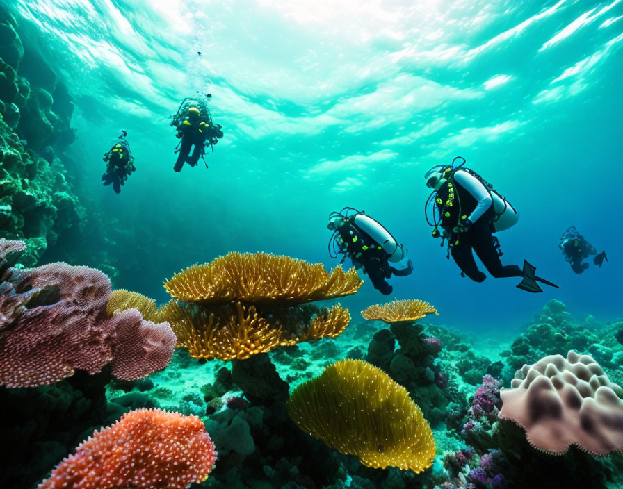 Vibrant coral reef exploration by divers in sunlit ocean.