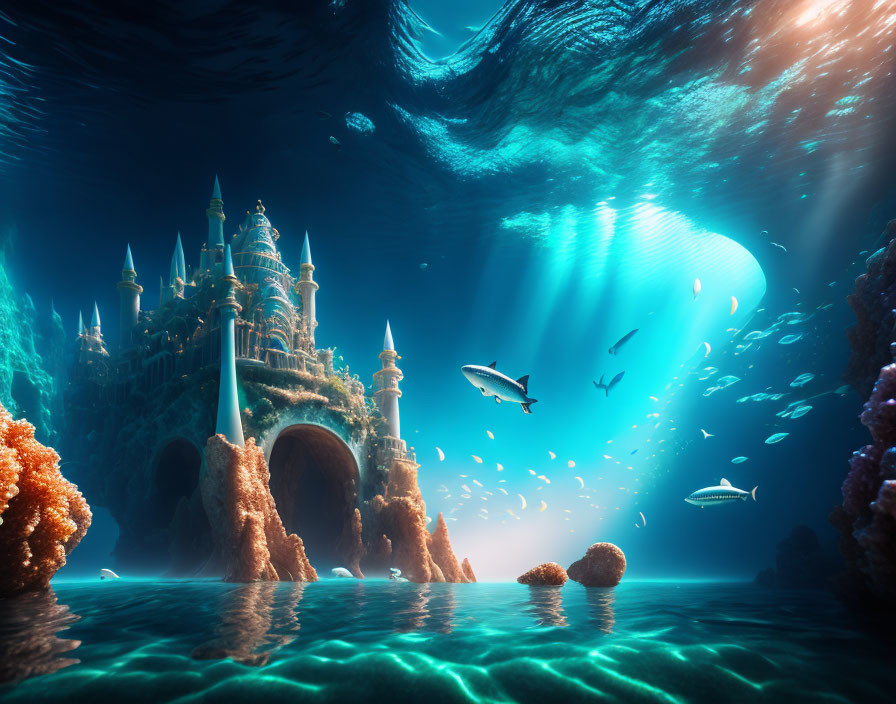 Sunlit fantasy castle in underwater coral reef with swimming fish and light rays