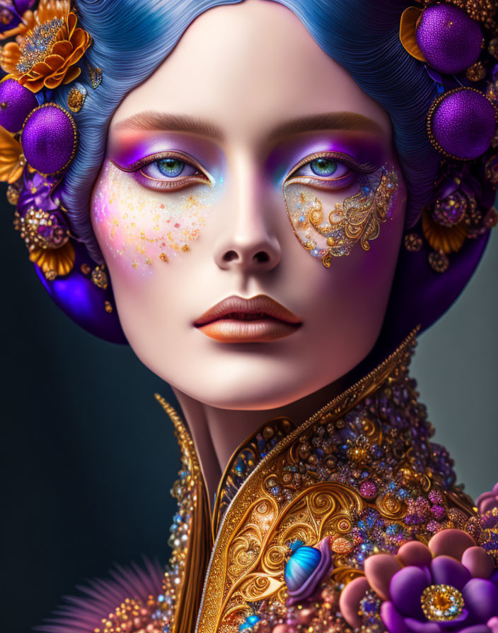 Stylized digital artwork of woman in purple and gold attire