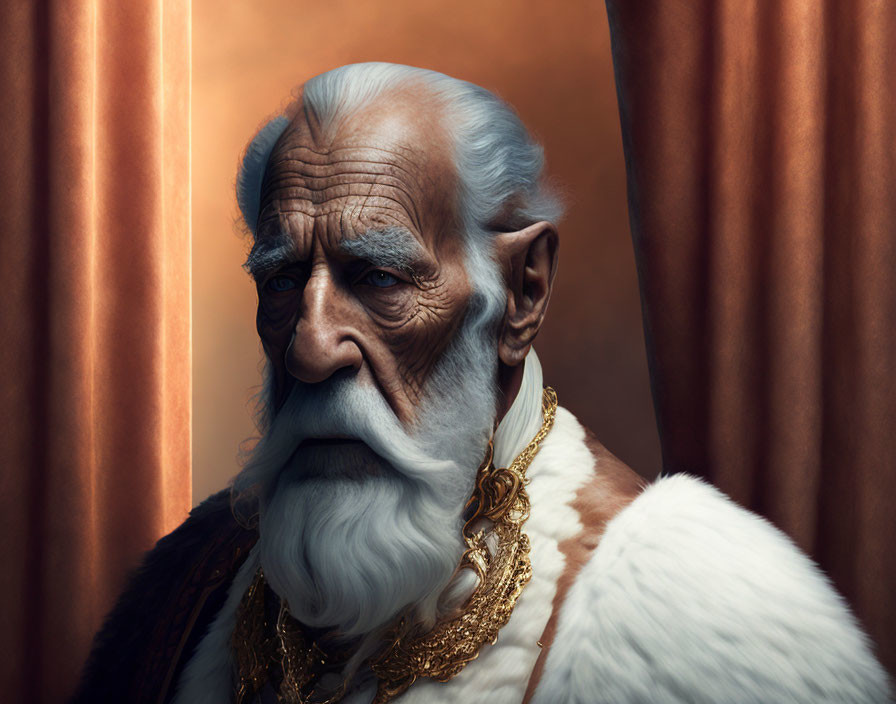 Elderly man with white beard and gold jewelry on brown background