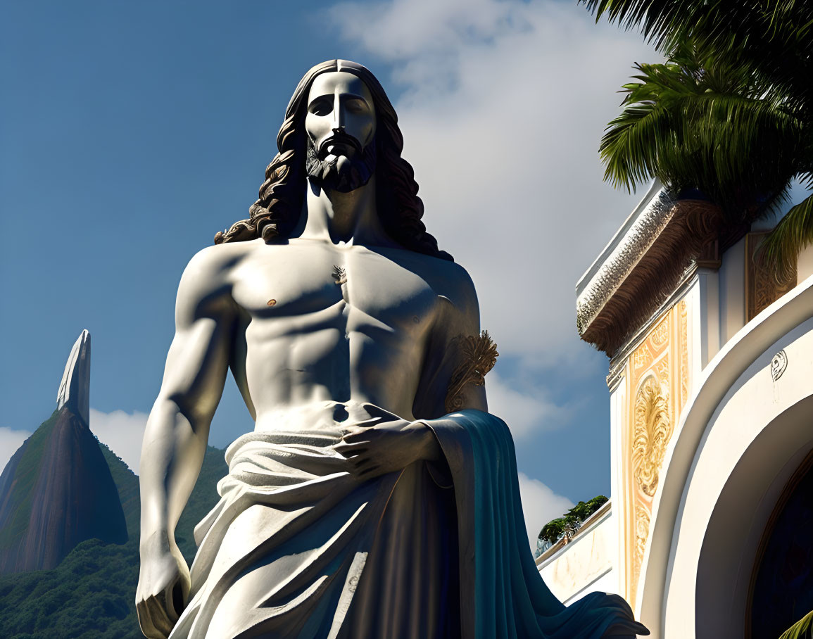 Religious statue with blue sash, mountain backdrop, classical architecture.