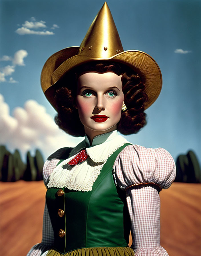 Classic film character in green dress, white blouse, and golden hat against blue sky and yellow brick road