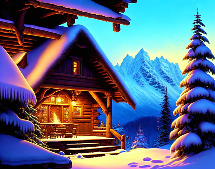 Snow-covered wooden cabin in twilight with snowy trees, mountains, and starlit sky