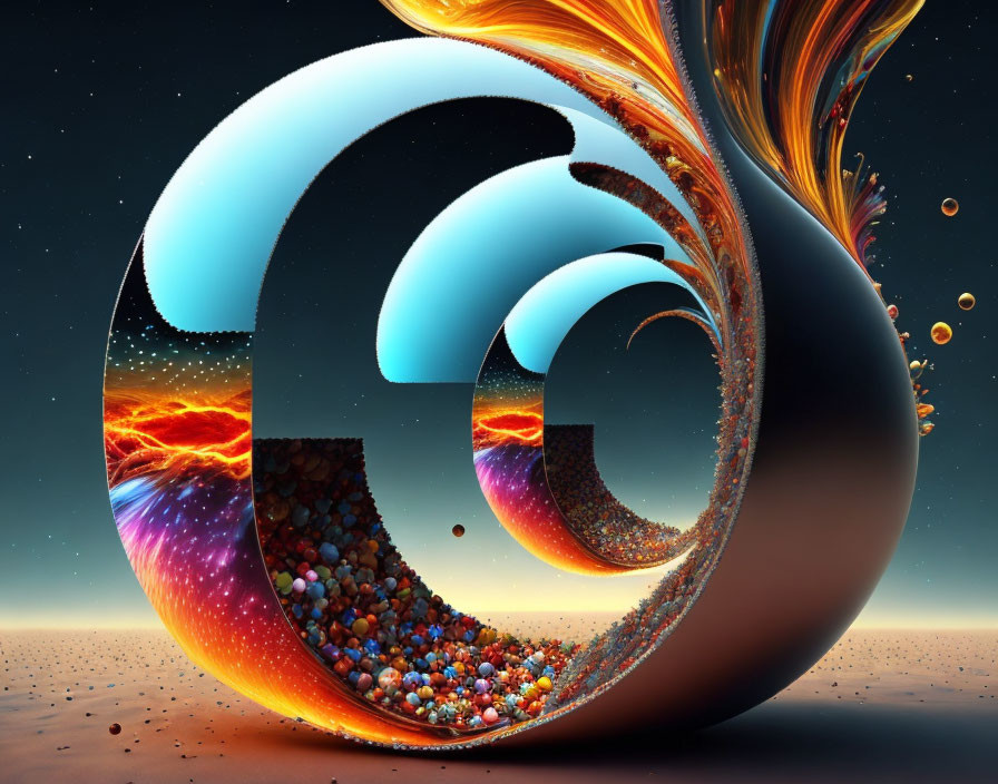 Surreal digital artwork: large spiral with cosmic, fiery, and aquatic elements