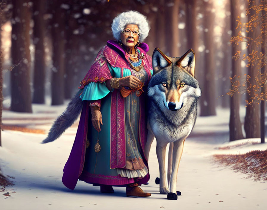 Elderly woman in elegant attire with white hair standing next to a wolf in wintry forest