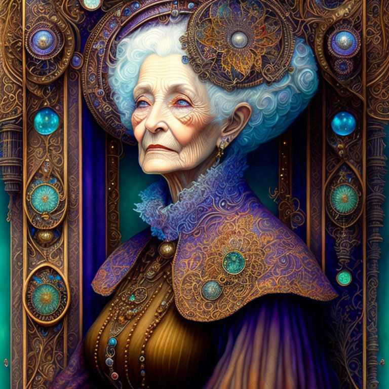 Detailed portrait of elderly woman in ornate blue and bronze attire with glowing blue spheres