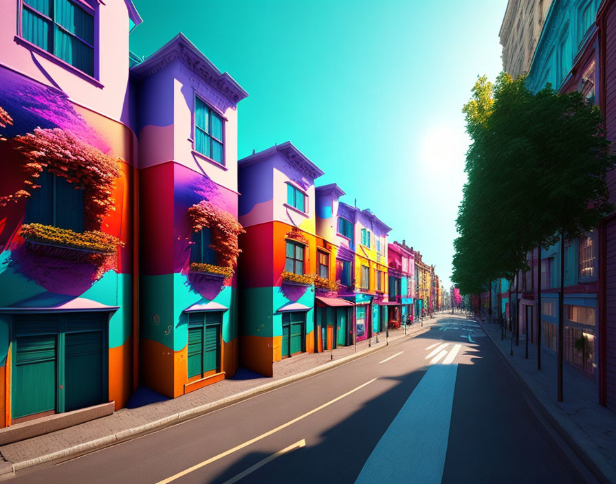 Vibrant multi-colored buildings on colorful street under blue sky