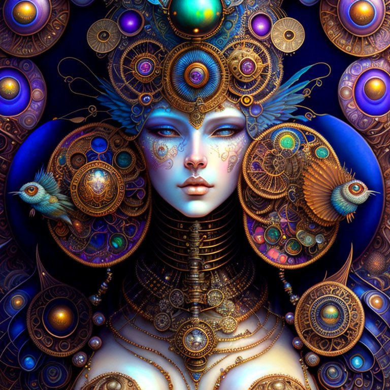 Steampunk-inspired woman with mechanical birds in rich blues and golds