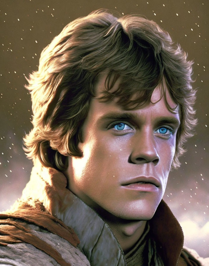 Young man digital portrait: Blue eyes, light-brown hair, fur-collared coat, snowy