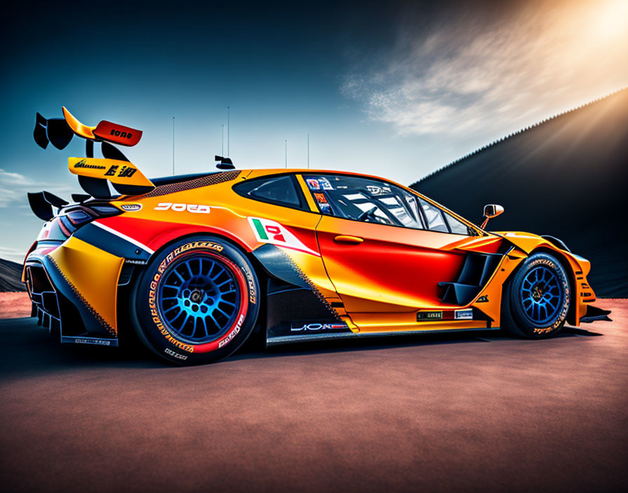 Colorful Race Car with Number "300" Parked Under Dramatic Sky