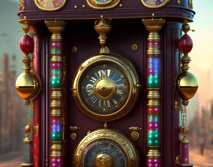 Colorful Steampunk Clock with Gold Detailing in Cityscape Setting