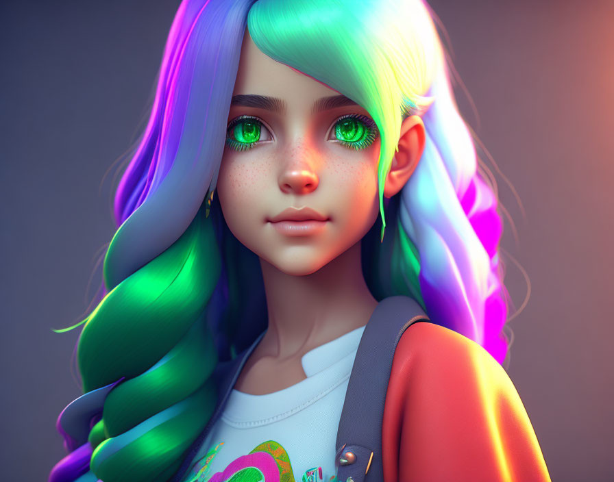 Colorful Hair Girl: Purple, Green, Blue - Bright Green Eyes