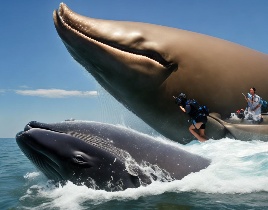 Gigantic whales, human diver, and spectators on a boat by ocean waves