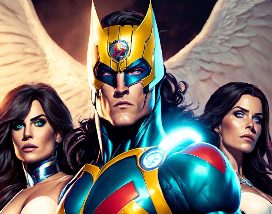 Three Superheroes with Intense Gazes and Golden Winged Helmet