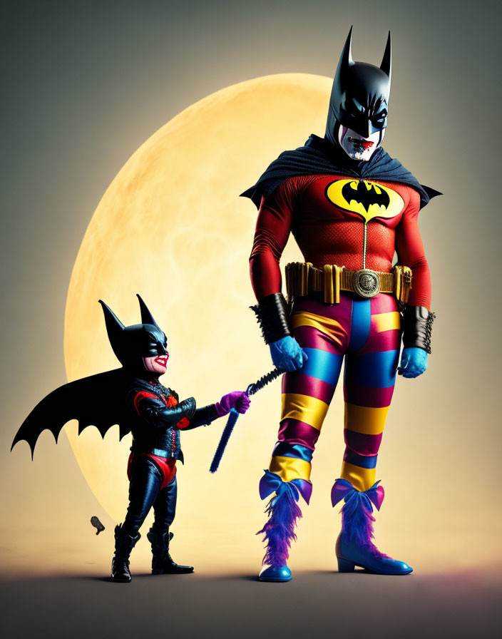 Child and adult in Batman costumes under full moon