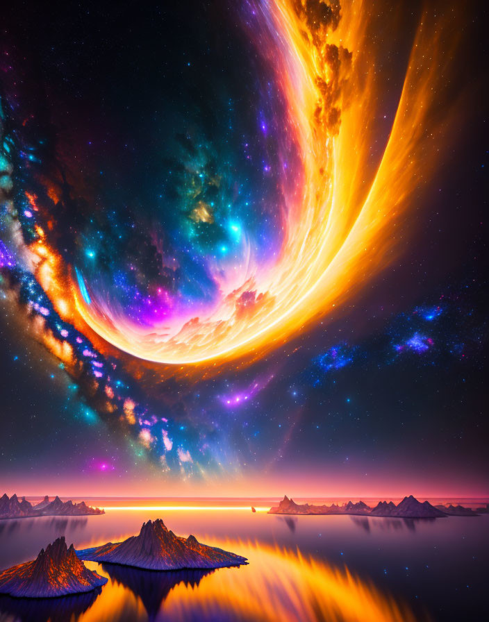 Colorful cosmic swirls over serene mountain landscape with water