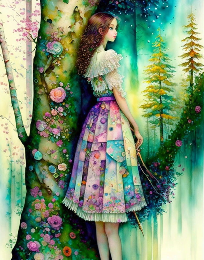 Young woman in patchwork dress by blooming tree in fantasy forest