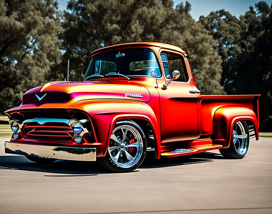 Classic Red Pickup Truck with Chrome Accents and Custom Wheels in Sunny Outdoor Setting