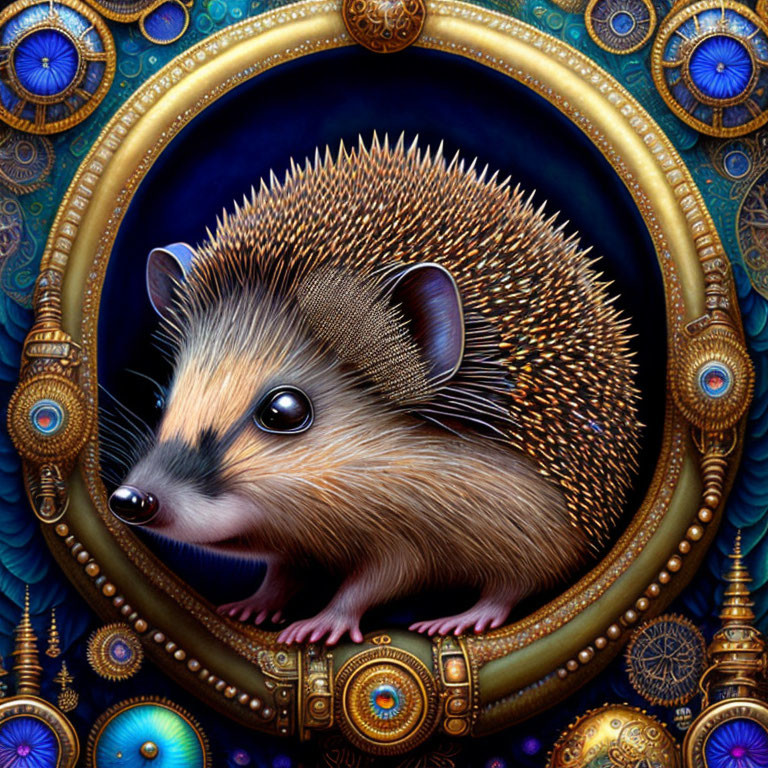 Detailed hedgehog illustration with large glossy eyes in ornate golden frame