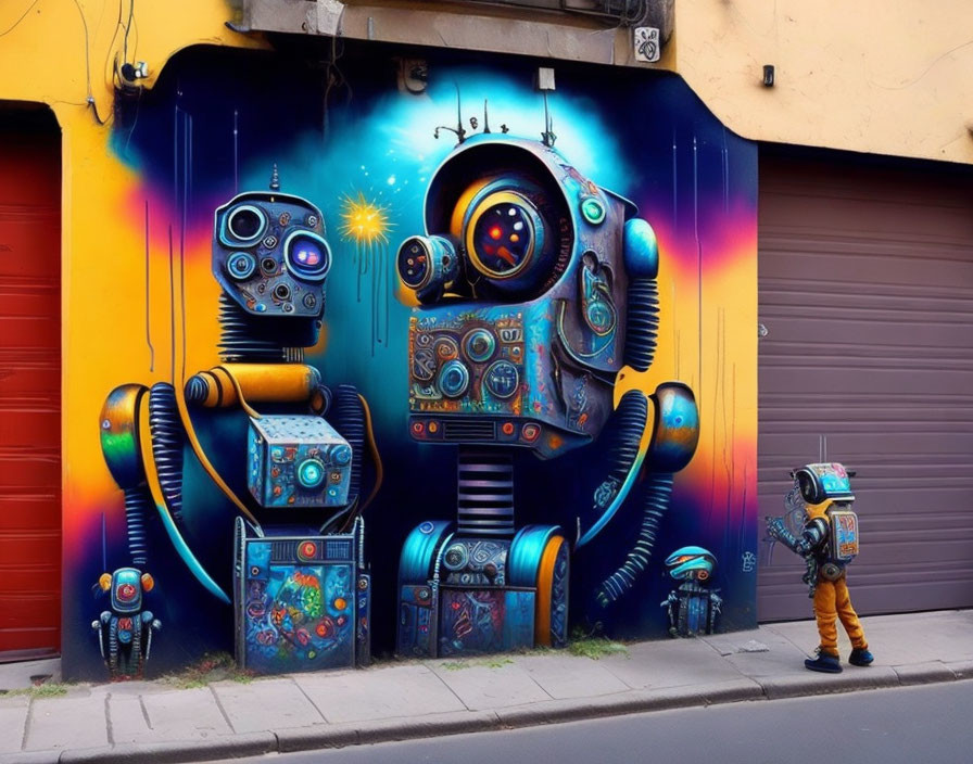 Colorful street art mural featuring futuristic robot and astronaut.