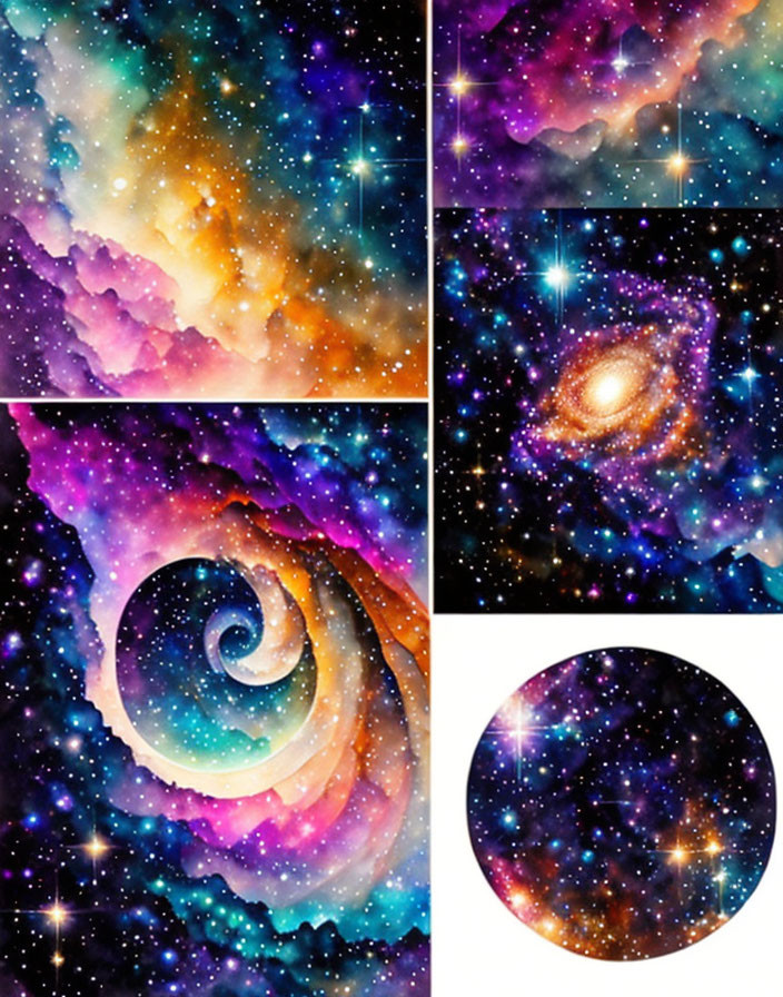 Colorful Cosmic Nebulae, Stars, and Galaxy Collage Artwork