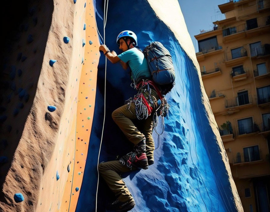 Climber ascends artificial wall with city backdrop