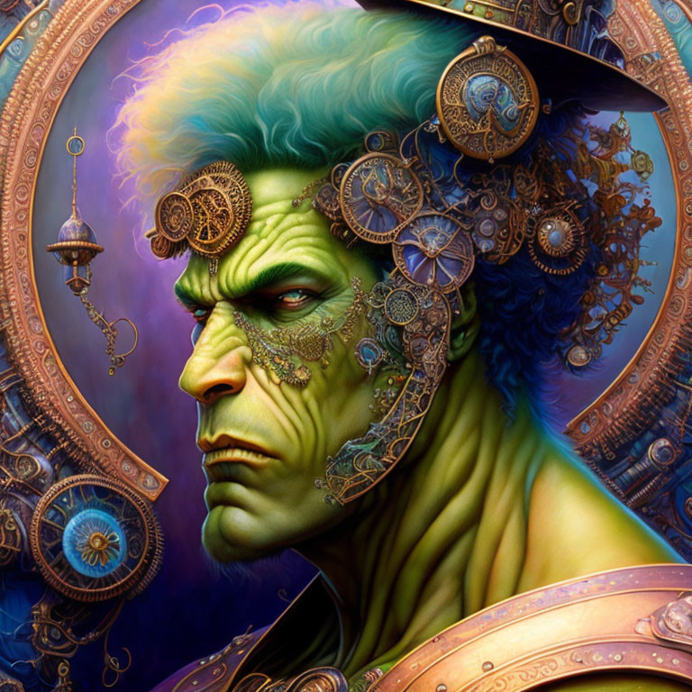 Steampunk-themed digital painting with green-skinned humanoid and clockwork details