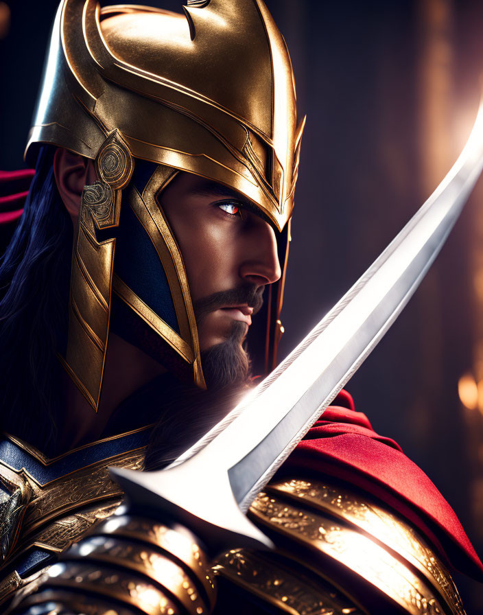 Golden-armored warrior with sword in intense gaze amidst dramatic lighting