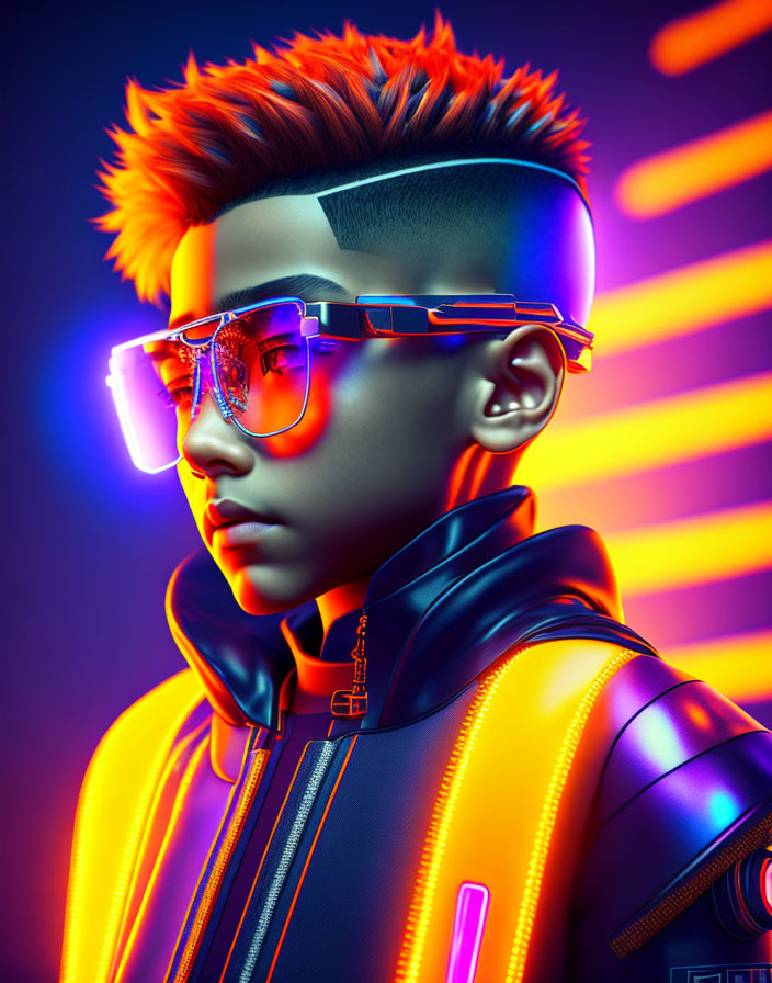 Stylized digital artwork: orange-haired boy in neon sunglasses & futuristic jacket on vibrant backdrop